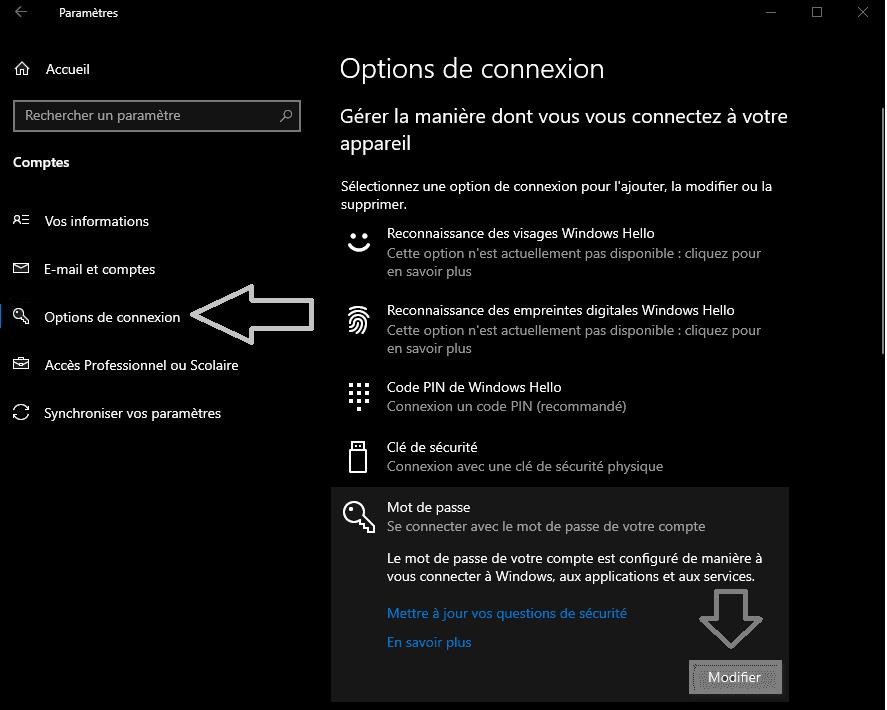 passez aux Options de connexion