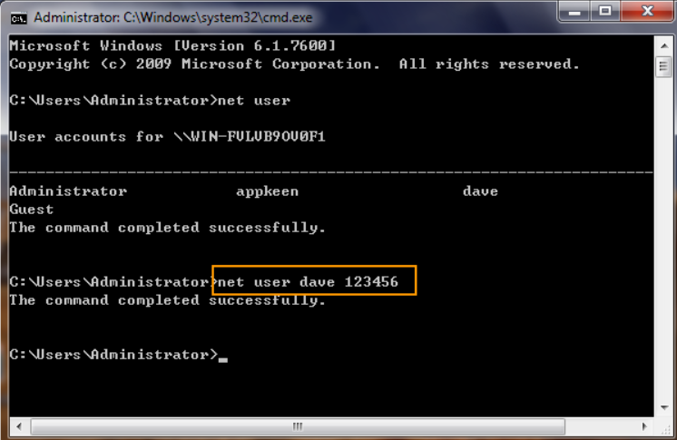 Entrez un nouveau mot de passe à l'aide de l'invite de commande