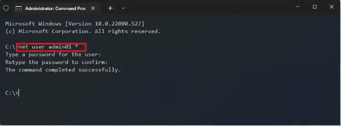 Entrez la commande net user USERNAME pour changer le mot de passe du compte