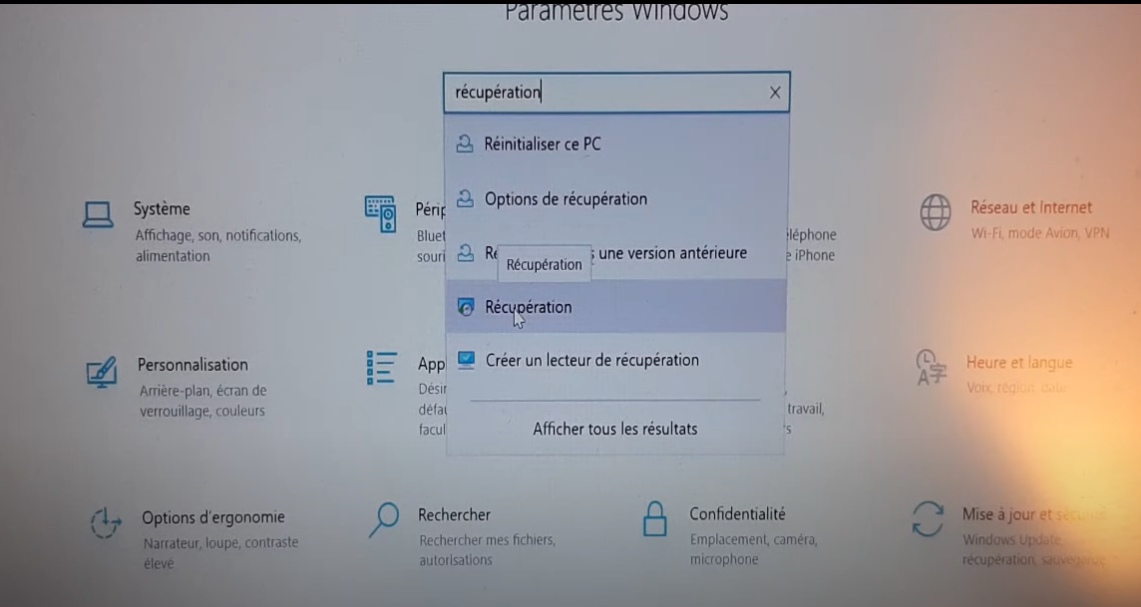 Restaurer ou réinitialiser ce PC
