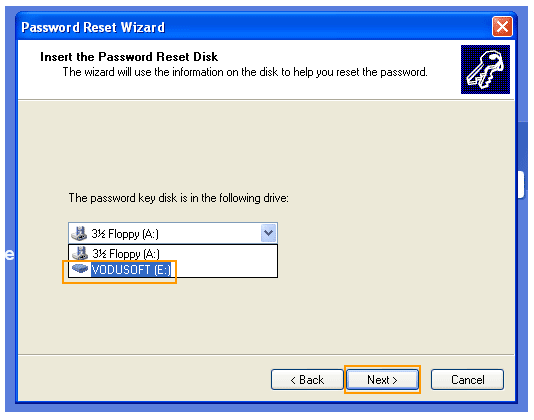 Sélectionnez la clé USB sur laquelle se trouve le disque de réinitialisation du mot de passe