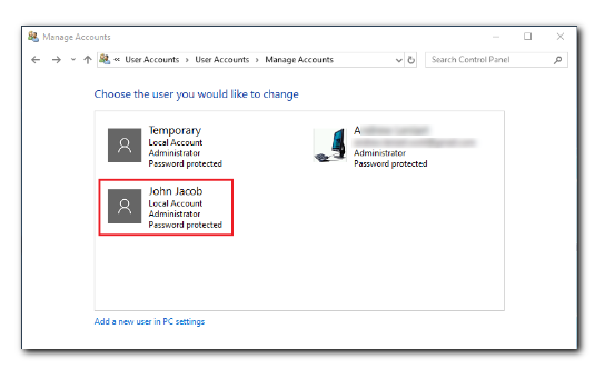 Sélectionner Comptes d'utilisateur