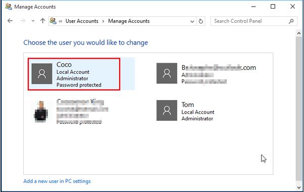 Sélectionnez le compte