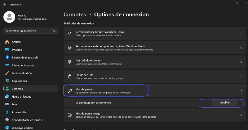 Allez dans la section mot de passe