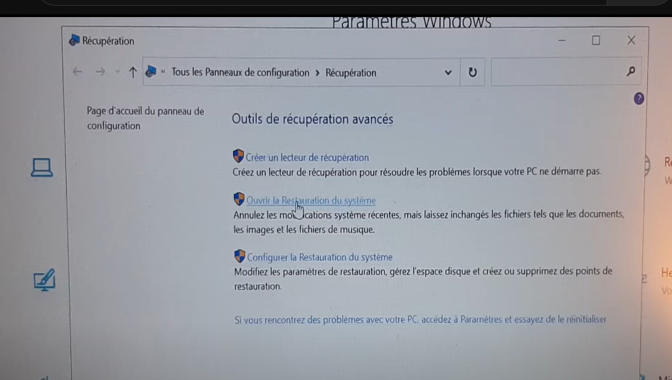 Cliquez pour ouvrir la restauration du système