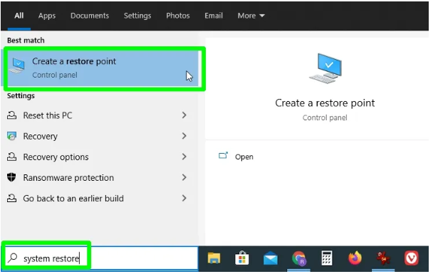 Ouvrez Créer un point de restauration