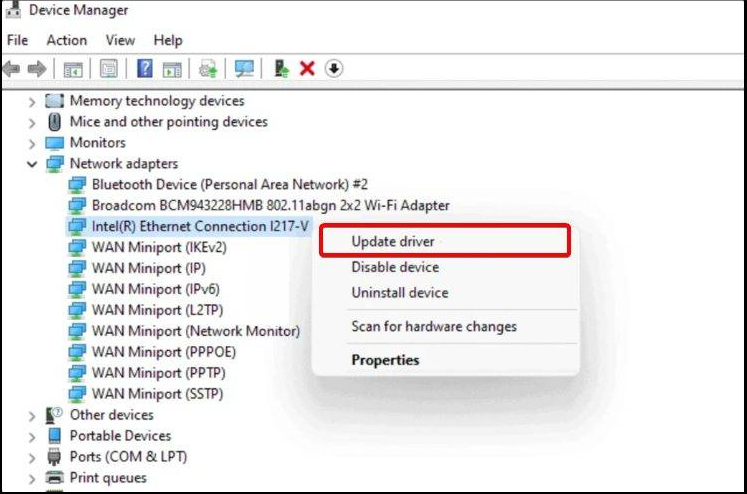 sélectionnez  Mettre à jour le pilote