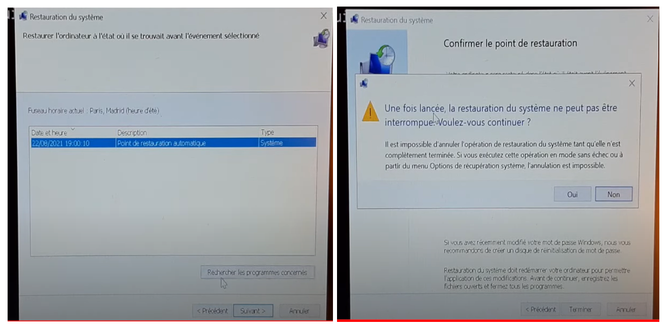 Sélectionnez un point de restauration proche de la date à laquelle le RSOD s'est produit