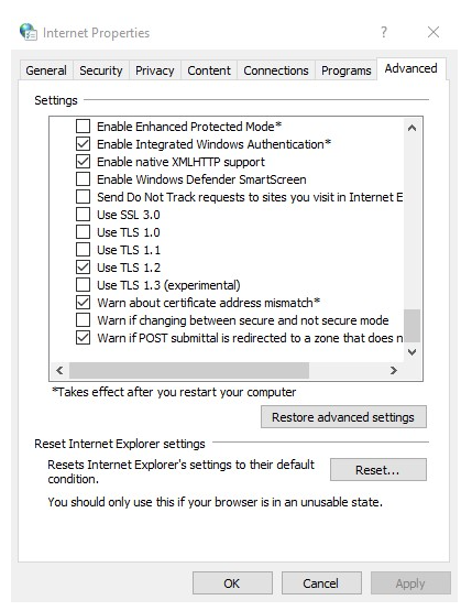 sélectionnez TLS 1.1, TLS 1.2 et TLS 1.3