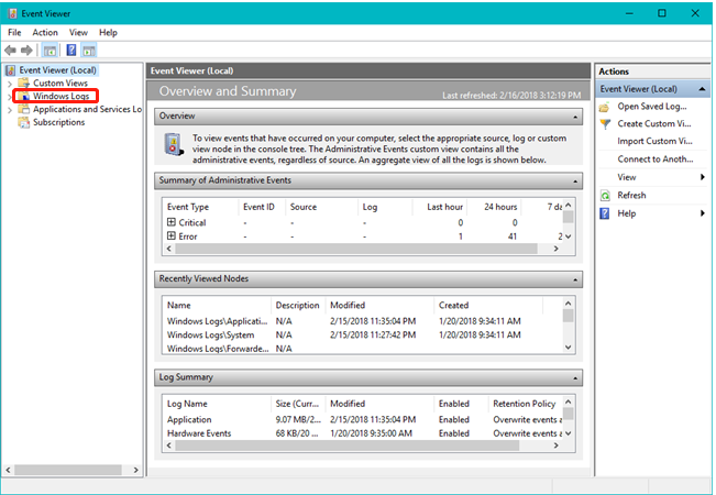 sélectionnez Journaux Windows