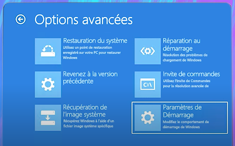 option Dépannage ensuite Options avancées puis Paramètres de démarrage