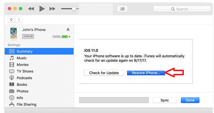 Cliquez sur option Restaurer iPhone dans iTunes