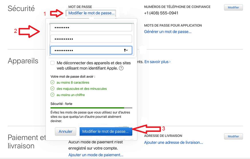 Sélectionnez Sécurité puis Modifier le mot de passe