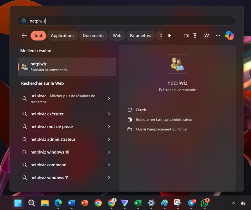 saisir le mot-clé netplwiz