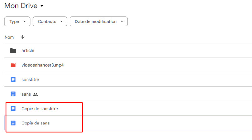 recherche d'une copie de dans google drive