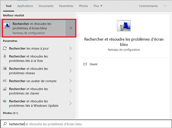 rechercher ecran bleu