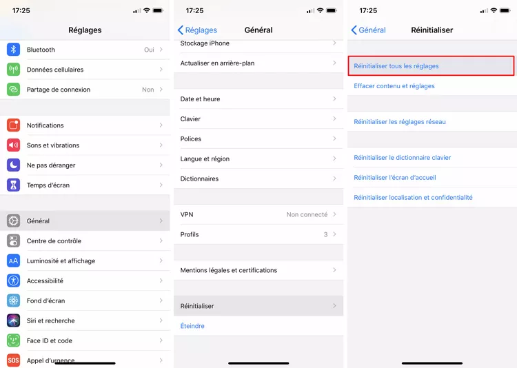 reinitialiser les reglages iPhone
