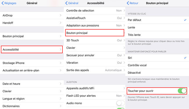 allumez le doigt de repos pour ouvrir pour déverrouiller l'iphone sans bouton d'accueil