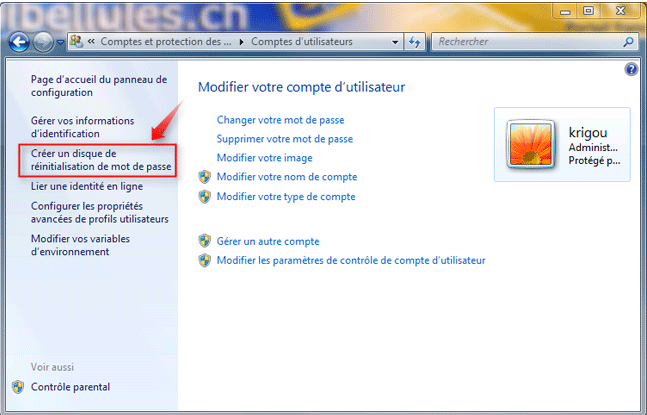 Cliquez sur Créer un disque de réinitialisation de mot de pass