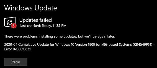 erreur de mise à jour Windows 10 KB4549951