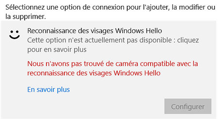 la caméra compatible windows hello est introuvable
