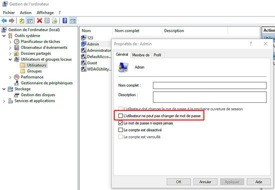 Impossible de changer mot de passe windows