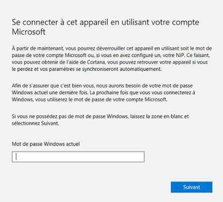 entrez le mot de passe Windows actuel