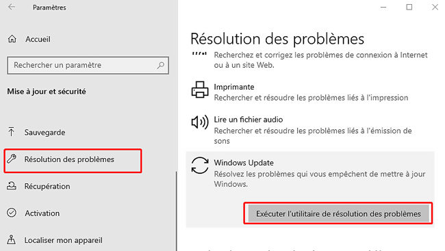 exécuter l'utilitaire de résolution des problèmes